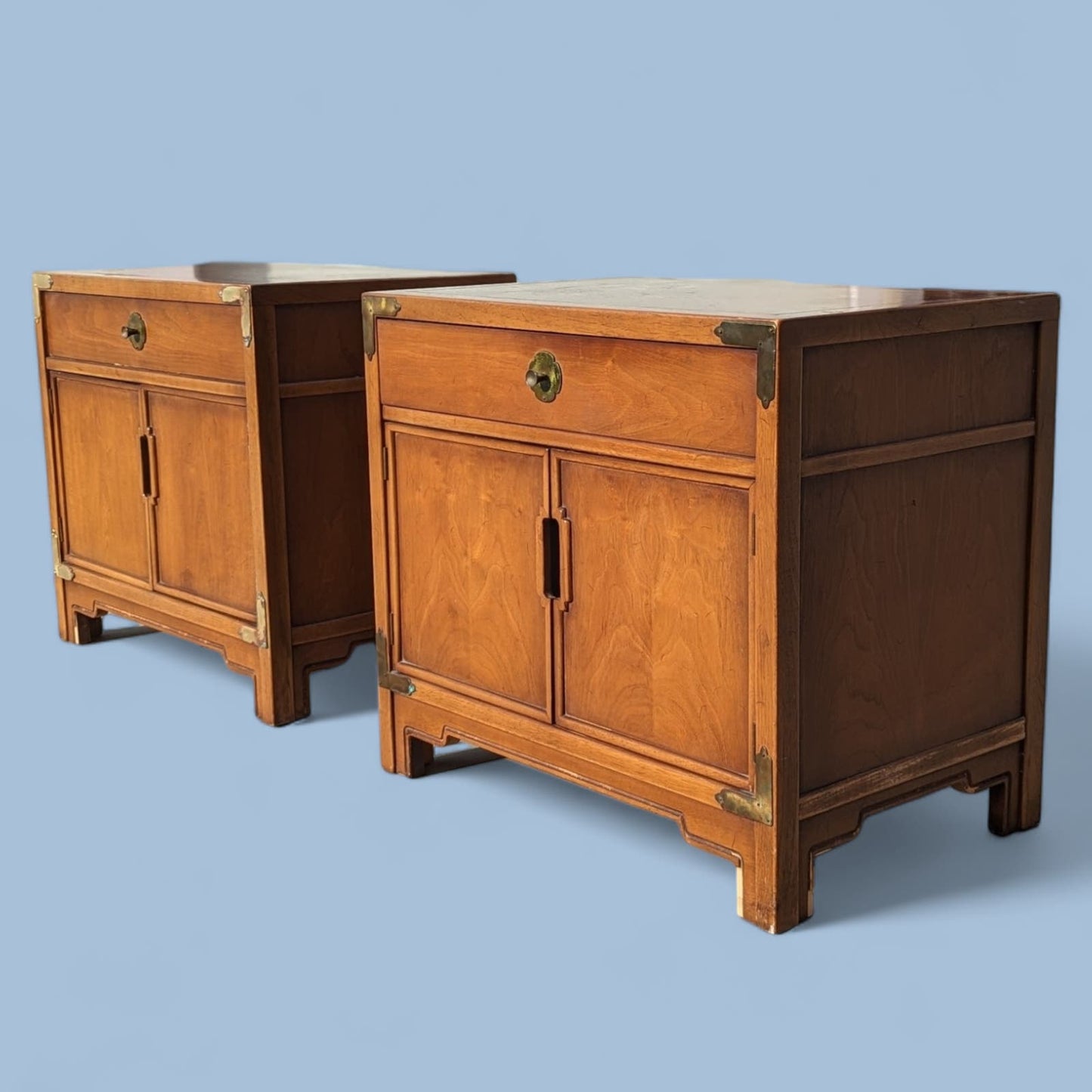 Nightstands by Drexel, Compass Collection, Mid Century, 1950s, MCM, Walnut, Brass, Chinoserie