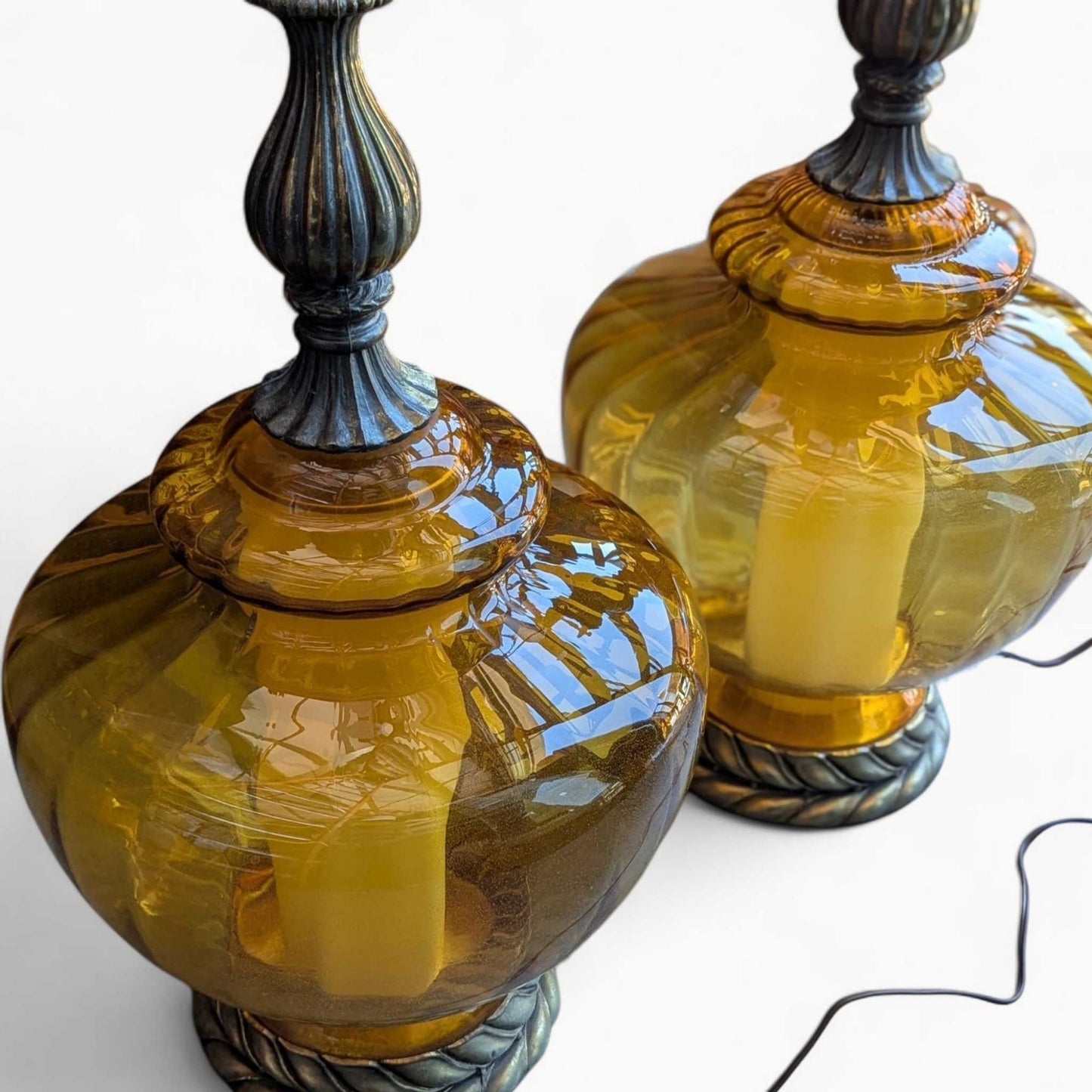 Pair of Vintage Amber Glass Table Lamps with Brass Accents | Hollywood Regency Mid-Century Lighting