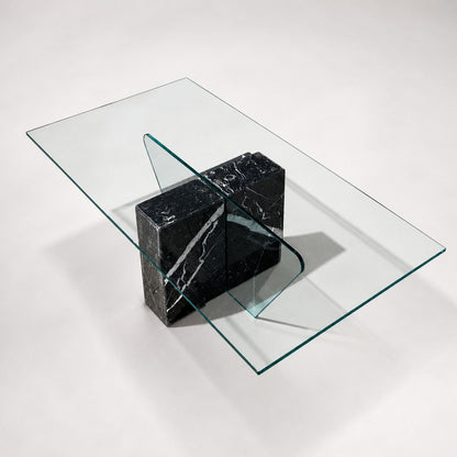Unique Coffee Table, Marble Base, Geometric, Unique, Rectangular Glass Top, Postmodern, Mid Century