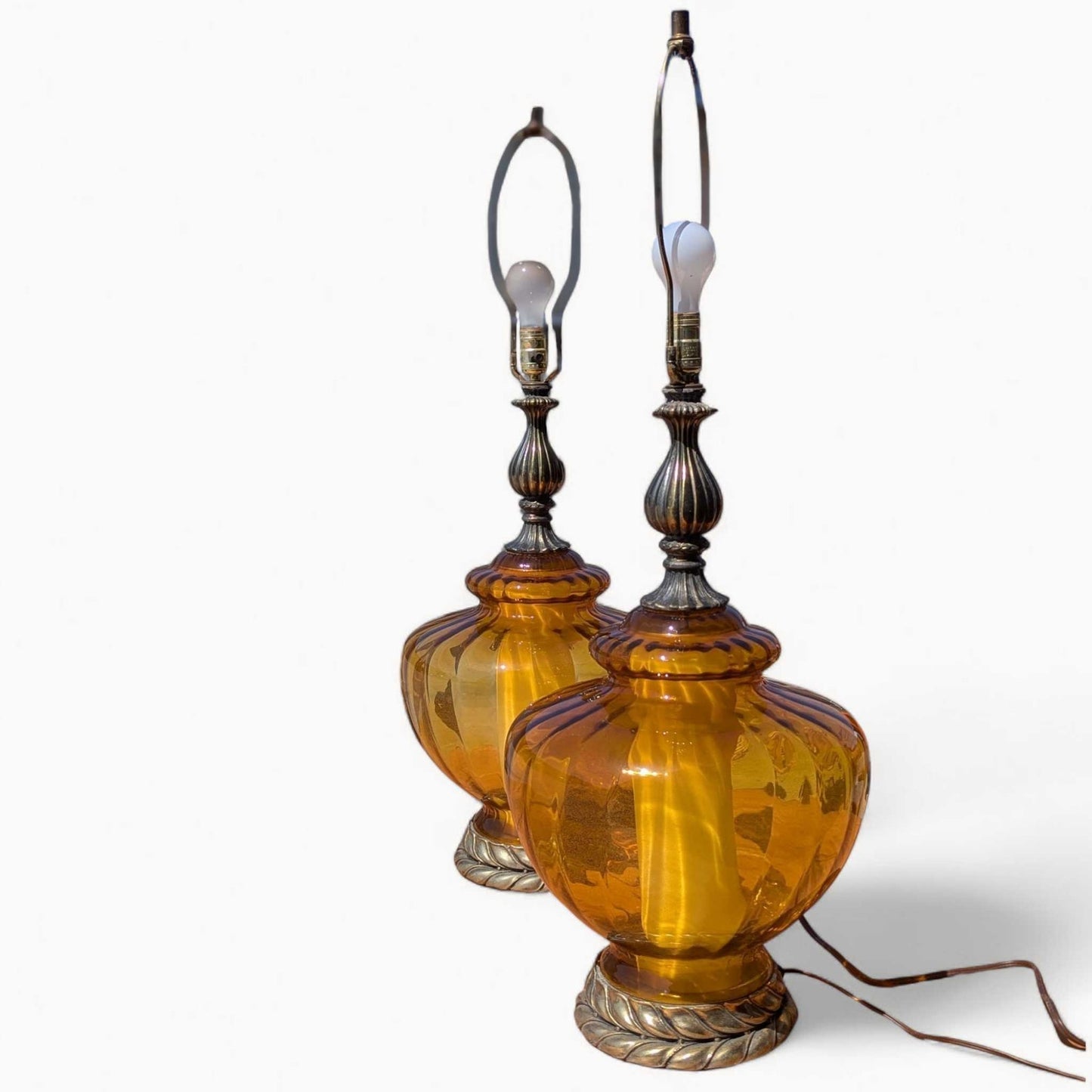 Pair of Vintage Amber Glass Table Lamps with Brass Accents | Hollywood Regency Mid-Century Lighting