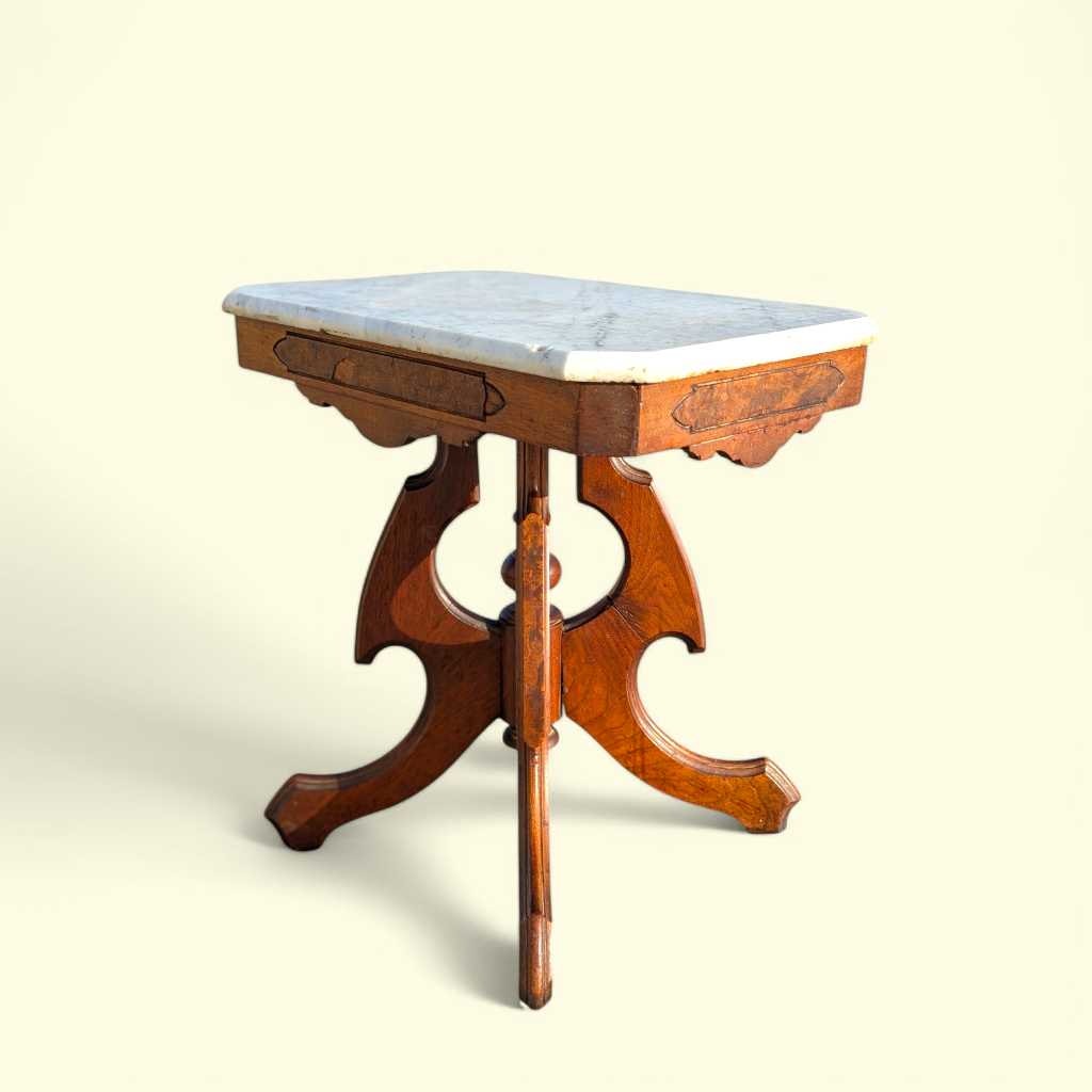 Late-19th-Century Marble-Top Carved Wood Parlor Side Table — view 12 of 16