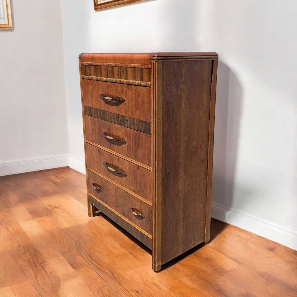 1930s Art Deco Waterfall Tallboy Dresser with Bird’s-Eye Maple
