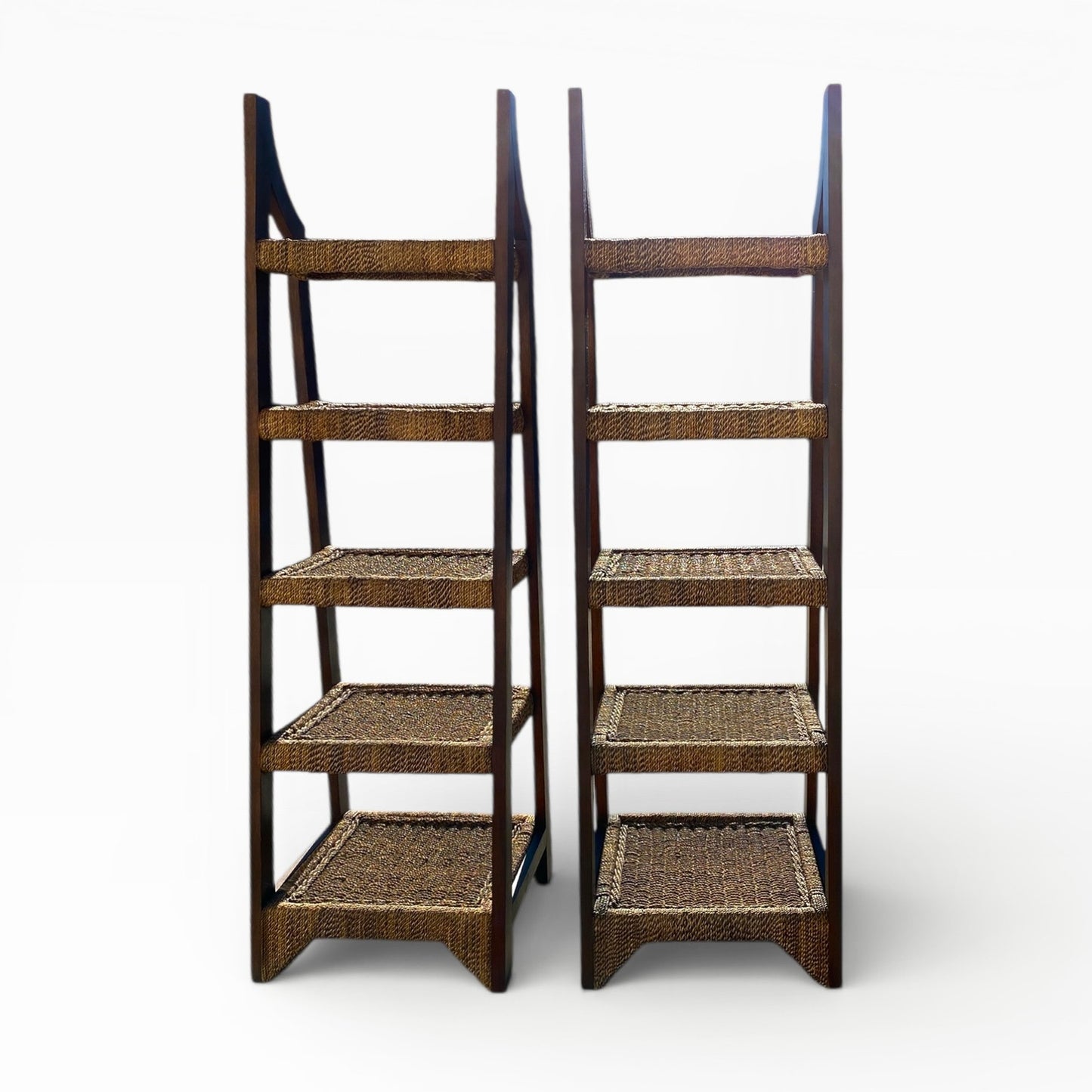 Pair of Sculptural Wooden Étagère Shelves with Woven Rush Shelves, Mid-20th Century