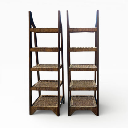 Pair of Sculptural Wooden Étagère Shelves with Woven Rush Shelves, Mid-20th Century