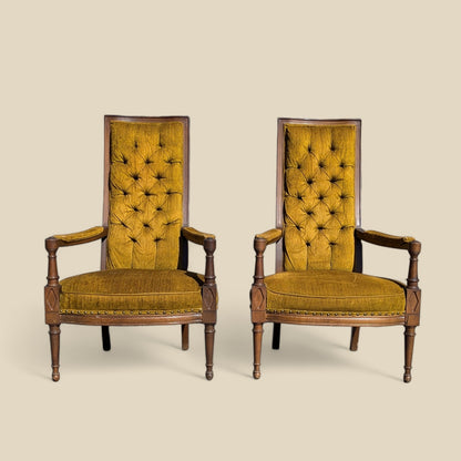 Pair of Vintage High Back Armchairs – Tufted Gold Velvet Regency Chairs, Neoclassical Revival, 1960s Accent Seating