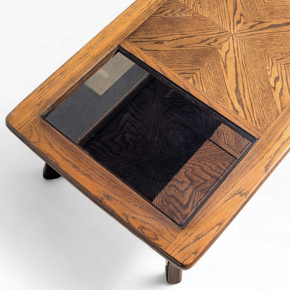 Vintage Oak Coffee Table Smoked Glass Insets