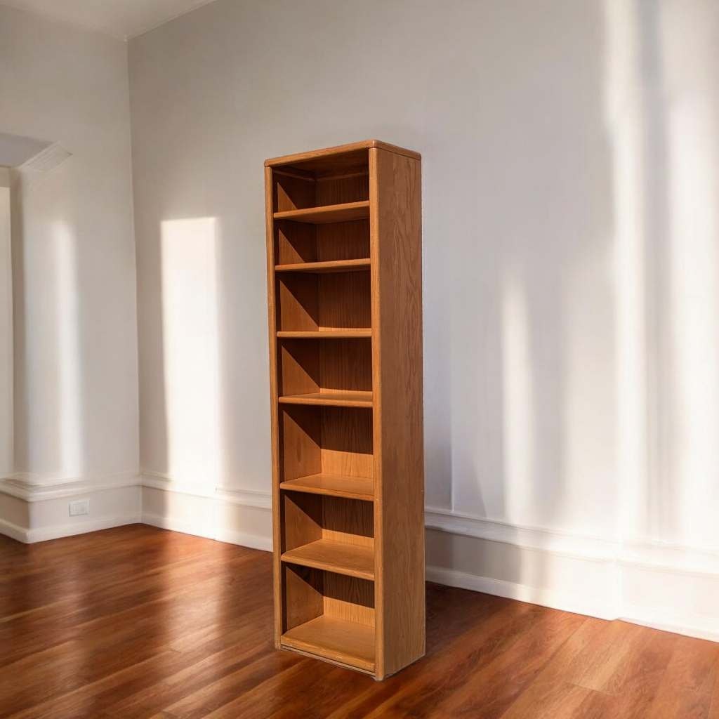 Vintage Oak Bookcase, Solid Wood, Mid Century, MCM, Slim, Six Shelves, Freestanding, Living Room