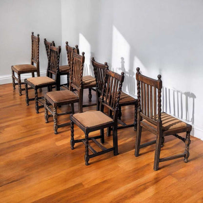 Eight Antique Dining Chairs – Vintage Wooden Chairs, Set of 8, Oak, Barley Twist, Rustic, Farmhouse, Traditional, Dining, Kitchen