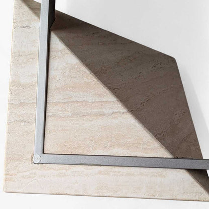 Postmodern Square Glass Coffee Table – Travertine Base, Silver Cross Bars, 1980s Sculptural Minimalist