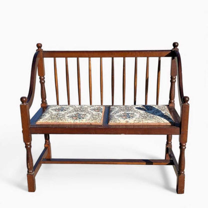 Vintage Spindle Back Wood Settee – Floral Upholstered Bench with Curved Arms, Entryway or Hall Seating