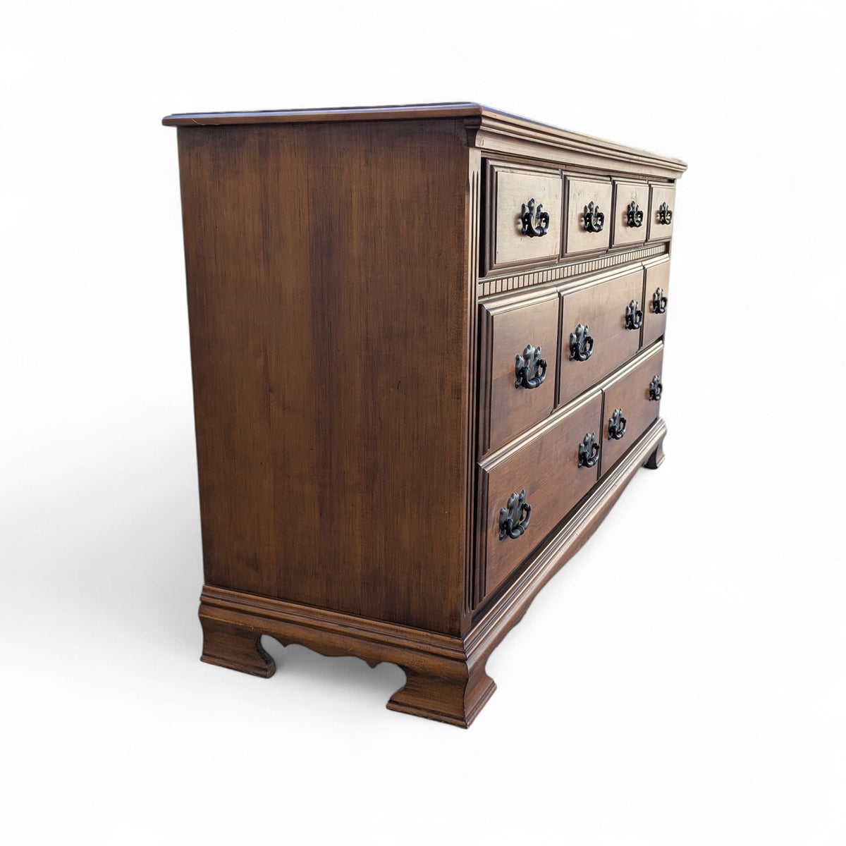 Vintage Traditional Nine-Drawer Wood Dresser With Bracket Feet — view 8 of 12