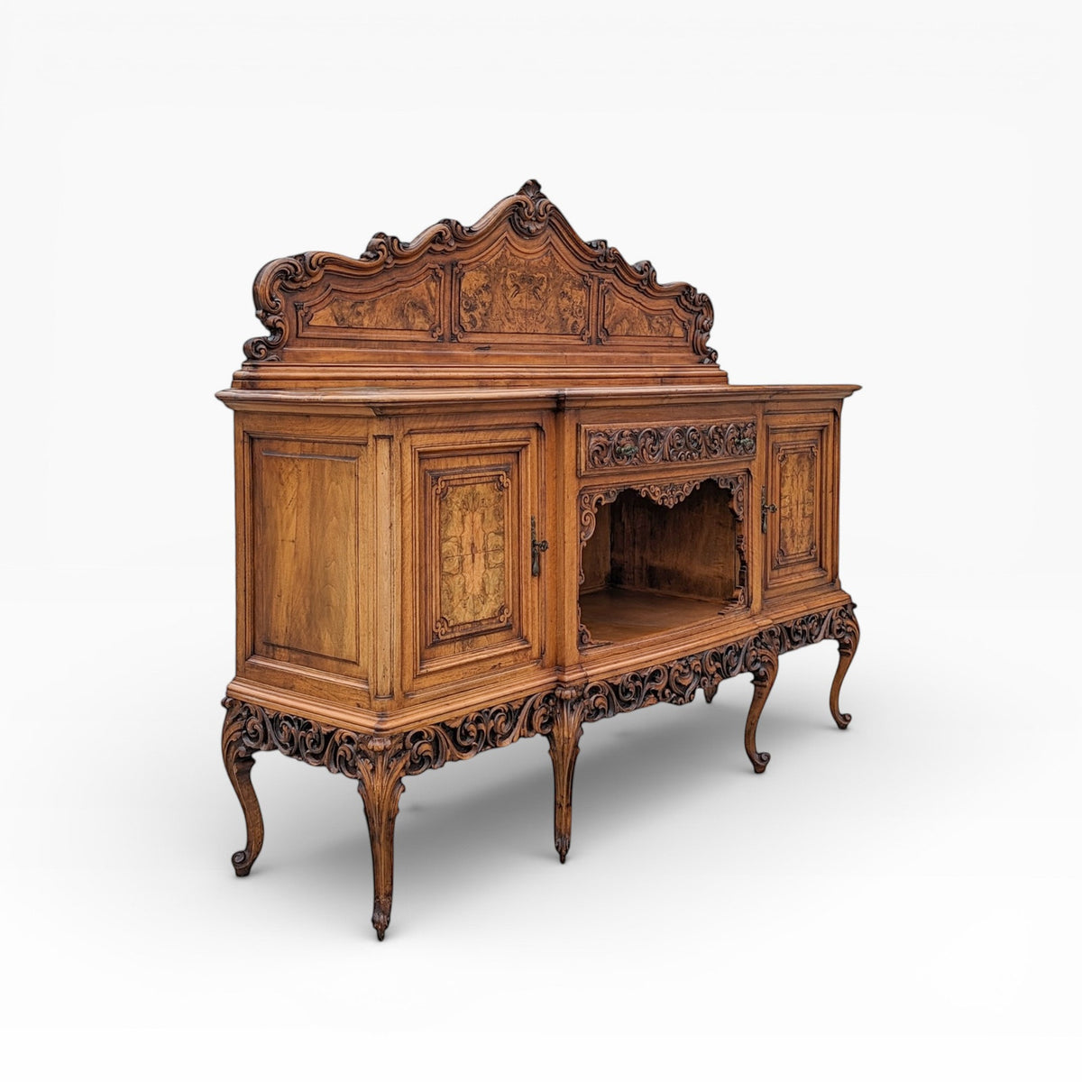 Continental Walnut Carved Sideboard Cabinet with Sculptural Apron