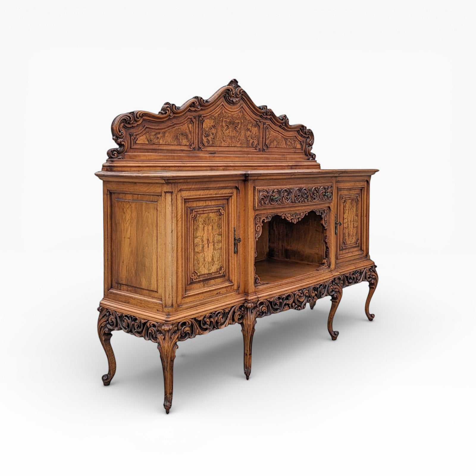 Continental Walnut Carved Sideboard Cabinet with Sculptural Apron — view 4 of 16