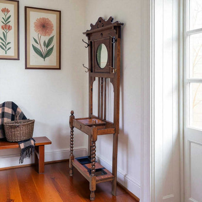 Antique Oak Hall Tree with Mirror, c. 1900s