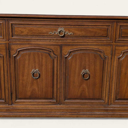 Henredon 1970s Credenza – Traditional Walnut Sideboard with Brass Pulls & Adjustable Shelving, 66” Vintage Cabinet