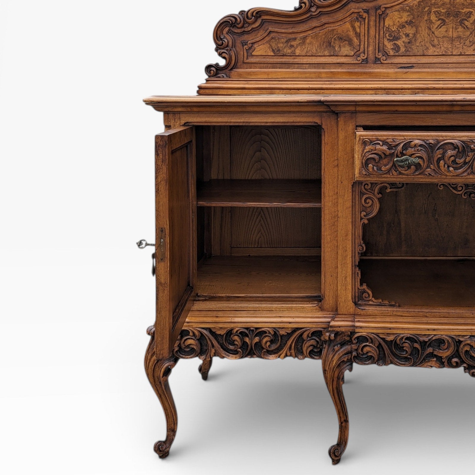 Continental Walnut Carved Sideboard Cabinet with Sculptural Apron — view 7 of 16