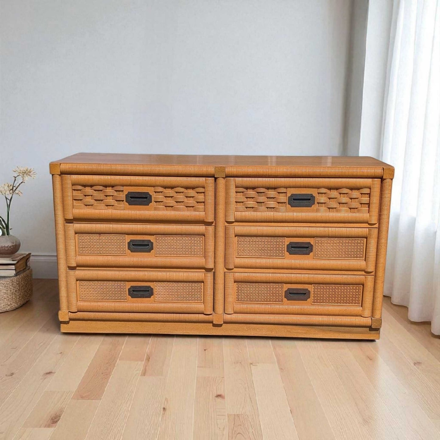 Vintage Dixie Rattan Dresser with Mirror
