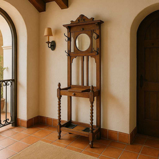 Antique Oak Hall Tree with Mirror, c. 1900s