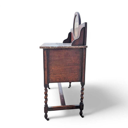 Antique Marble-Top Washstand – Oak with Barley Twist Legs and Round Marble Back, Early 1900s English