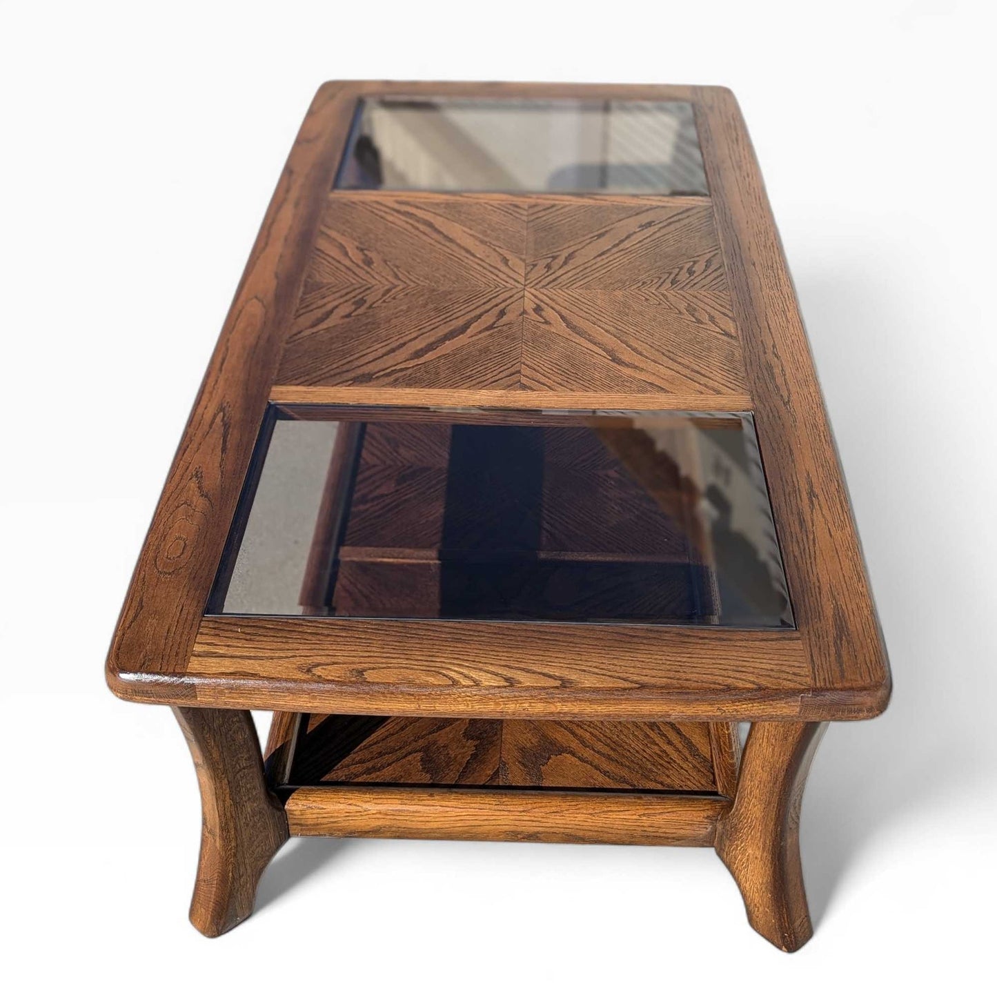 Vintage Oak Coffee Table Smoked Glass Insets