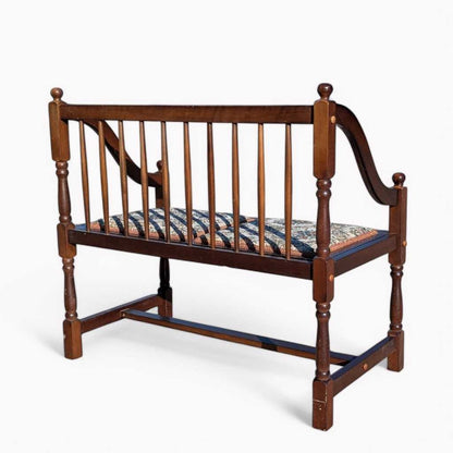 Vintage Spindle Back Wood Settee – Floral Upholstered Bench with Curved Arms, Entryway or Hall Seating