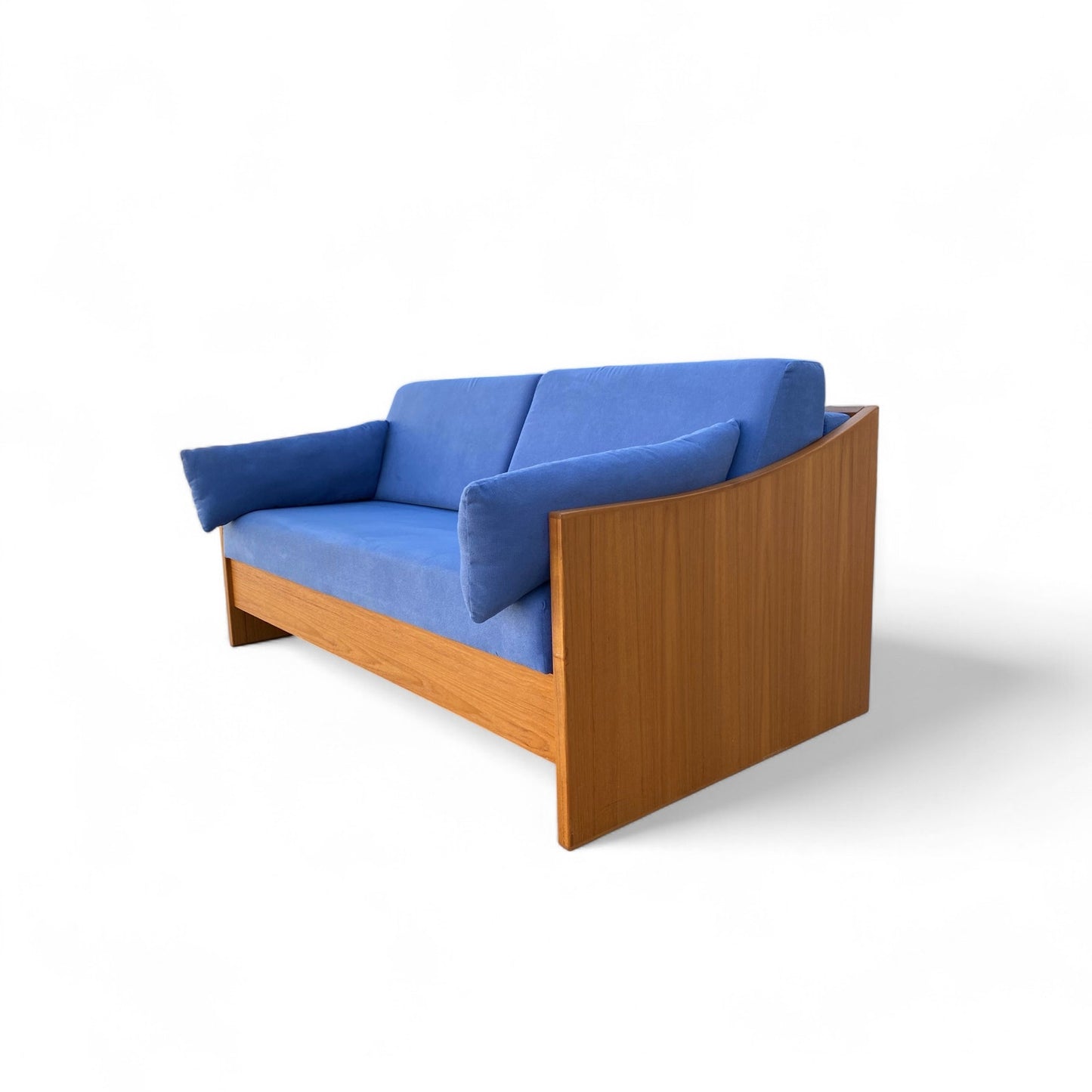 Mid-Century Canadian Teak Pull-Out Sofa Bed in Blue Upholstery, 1970s Modern Convertible Sleeper