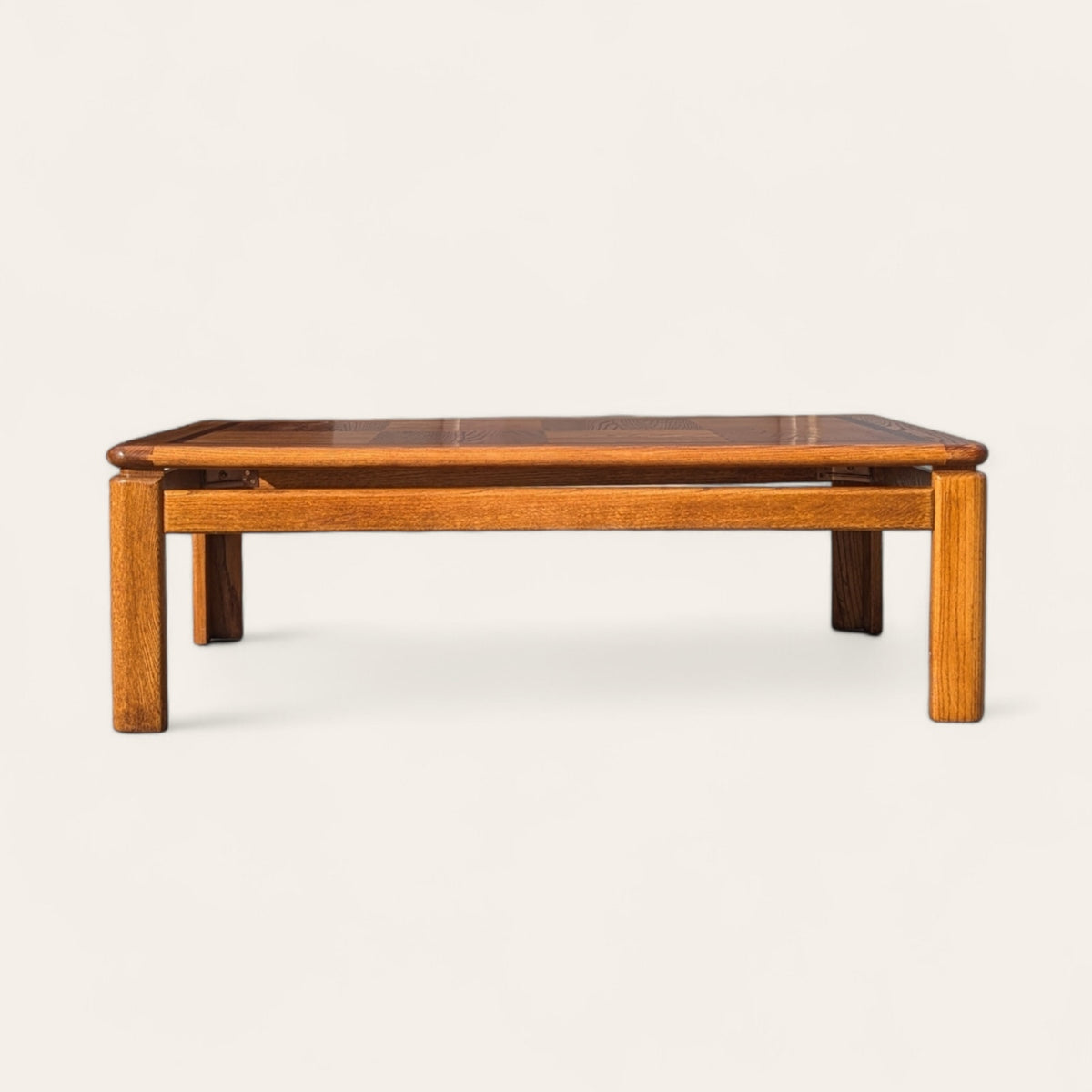 1980s Mid-Century Oak Coffee Table with Checkered Parquet Top