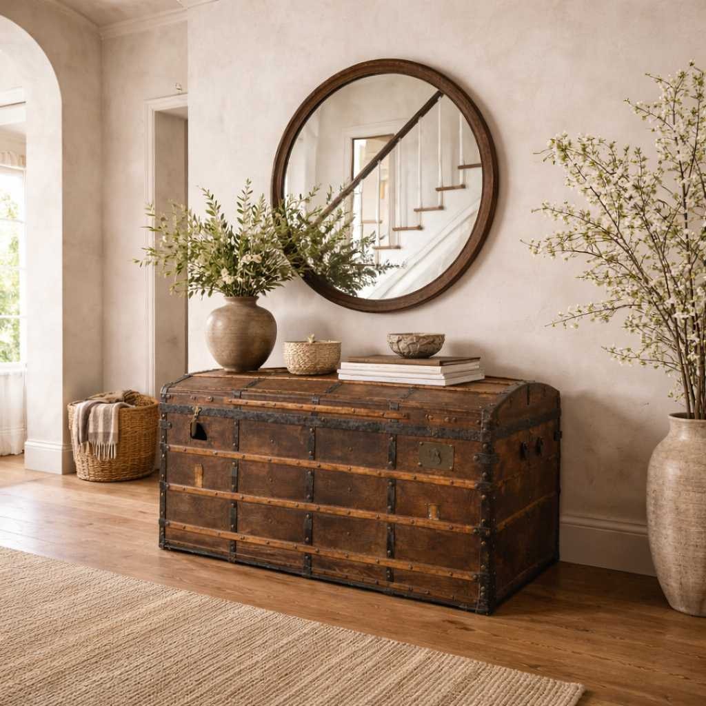 Antique Dome-Top Wooden Trunk with Original Iron Hardware and Patina, Late 19th Century