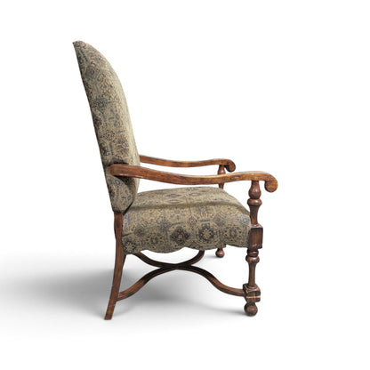 Louis XIII-Style High-Back Wood Armchair with Tapestry Upholstery
