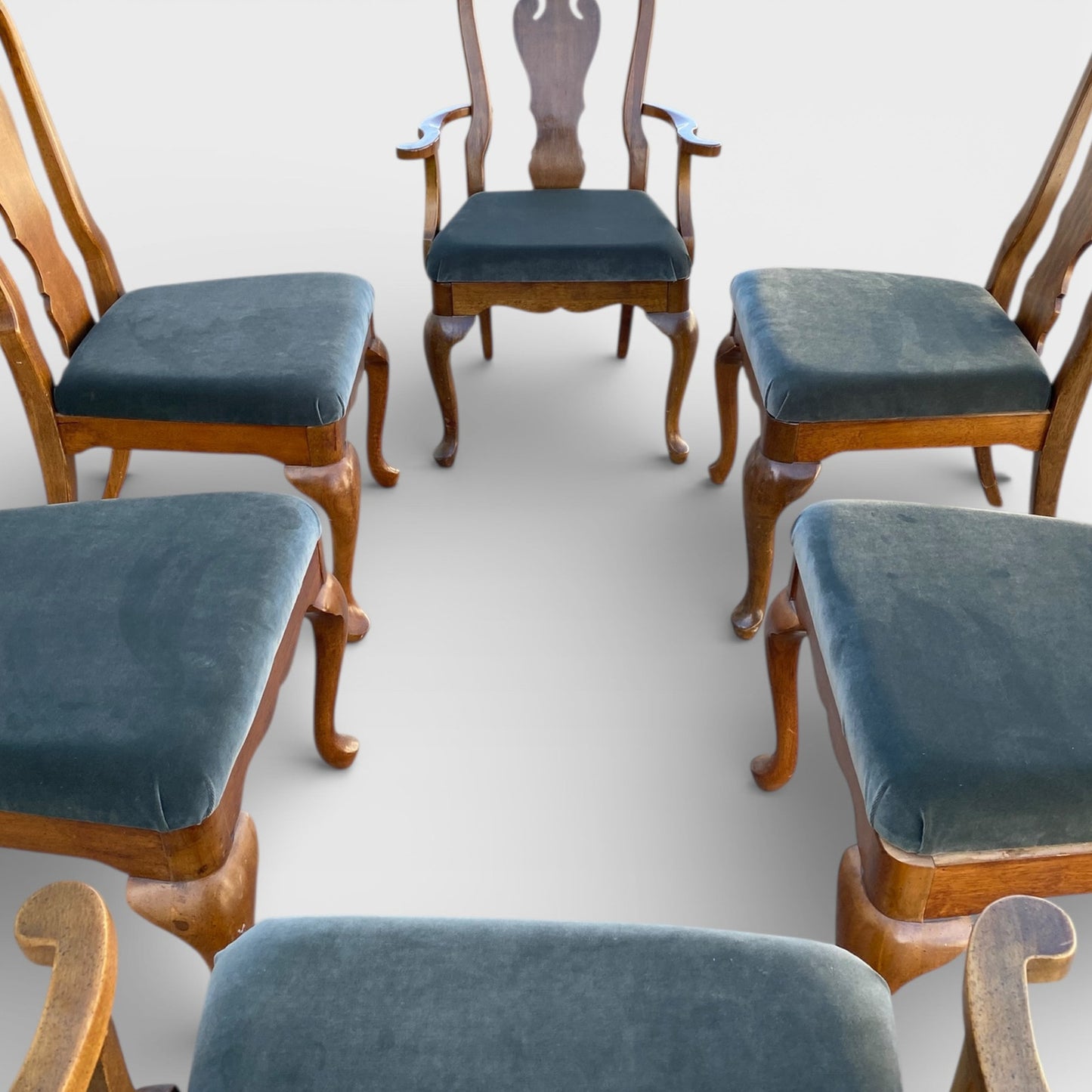 Set of Six Antique Queen Anne Walnut Dining Chairs with Slate-Blue Upholstery