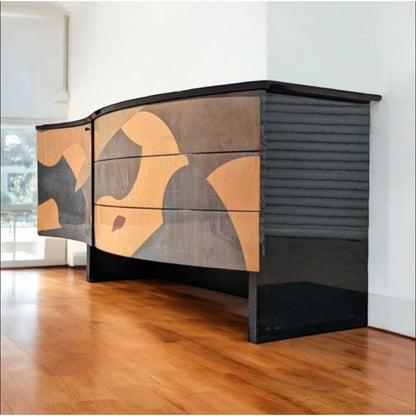 Italian Postmodern Sideboard by Carlo Malnati • Sculptural Curved Cabinet with Inlaid Wood Marquetry Fronts