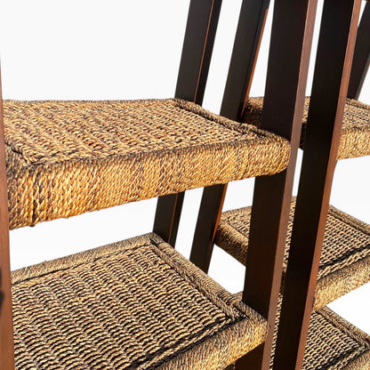 Pair of Sculptural Wooden Étagère Shelves with Woven Rush Shelves, Mid-20th Century