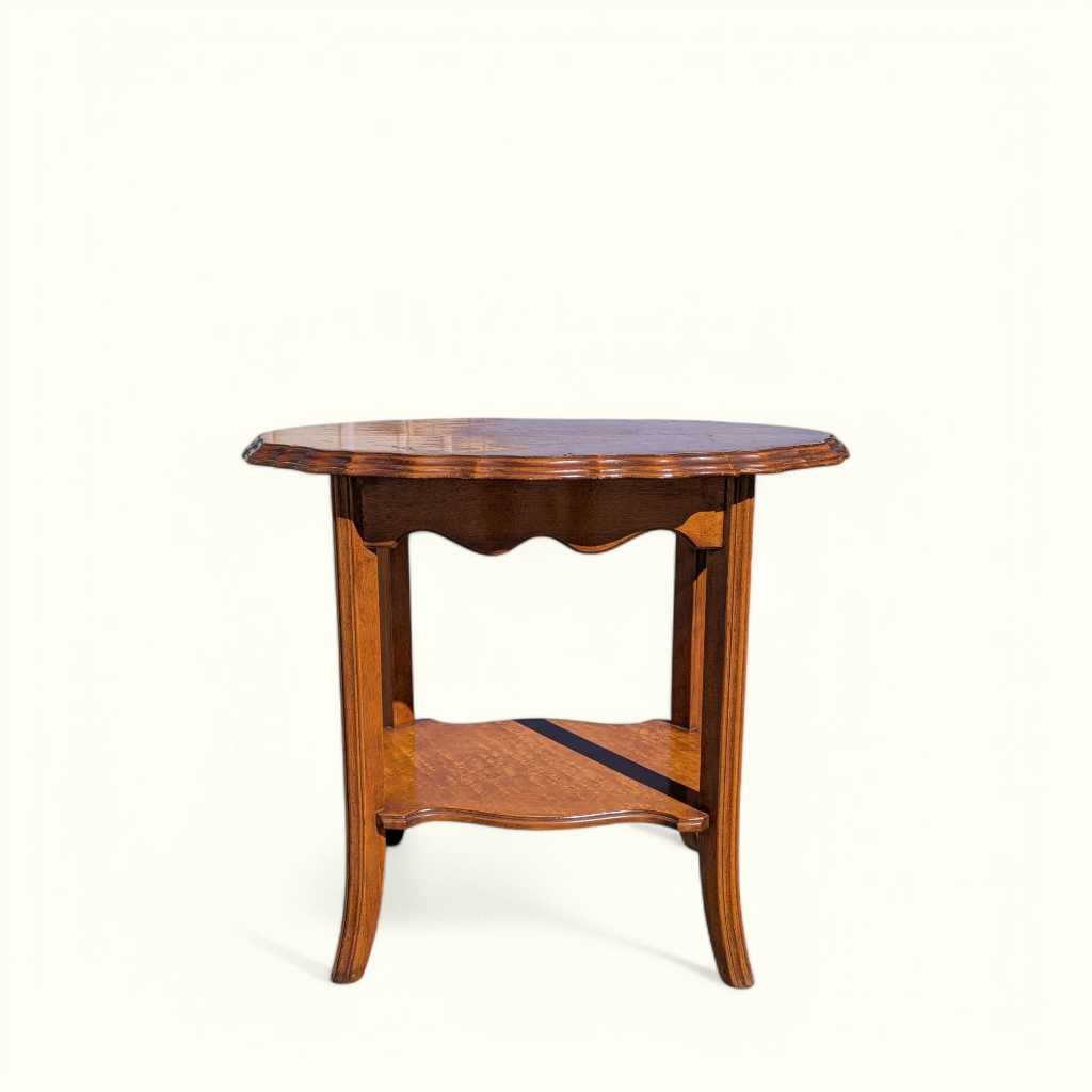 Vintage Oval Wood Side Table with Scalloped Edge and Lower Shelf