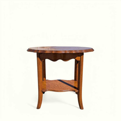 Vintage Oval Wood Side Table with Scalloped Edge and Lower Shelf