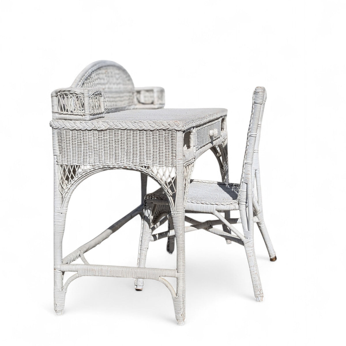 Late 20th-Century White Wicker Writing Desk and Chair Set