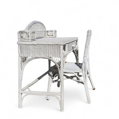 Late 20th-Century White Wicker Writing Desk and Chair Set