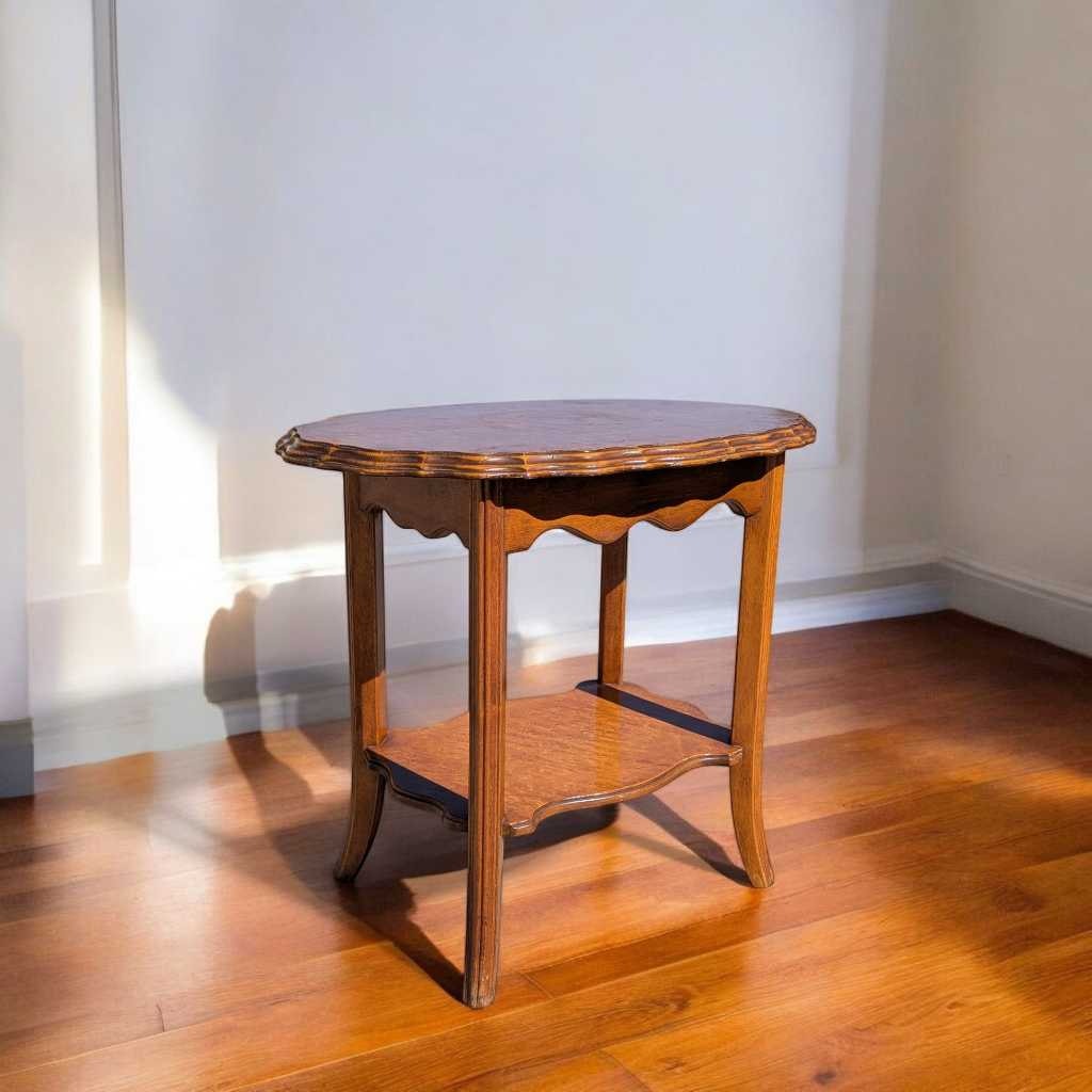 Vintage Oval Wood Side Table with Scalloped Edge and Lower Shelf — view 11 of 12
