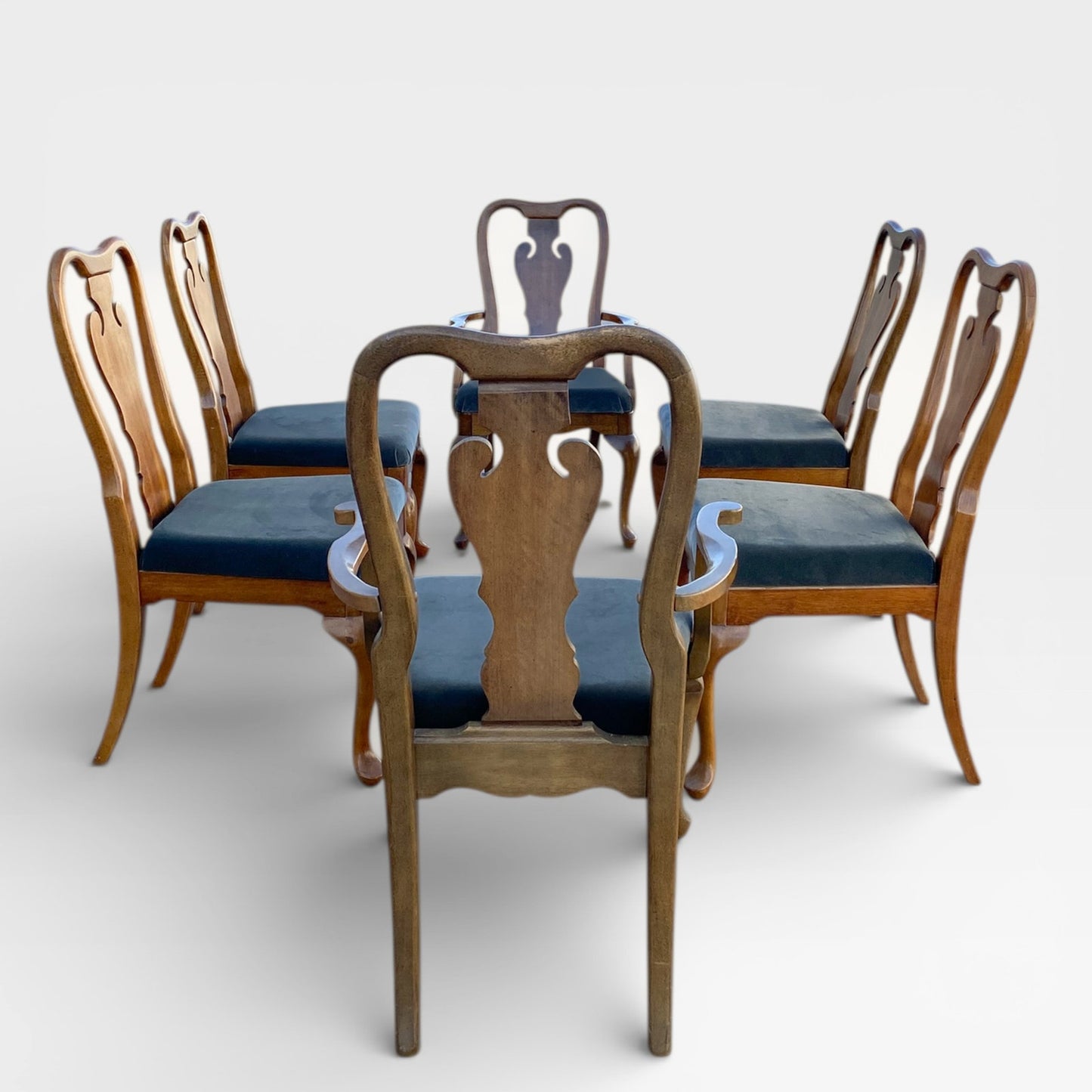 Set of Six Antique Queen Anne Walnut Dining Chairs with Slate-Blue Upholstery