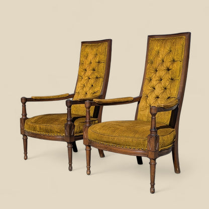 Pair of Vintage High Back Armchairs – Tufted Gold Velvet Regency Chairs, Neoclassical Revival, 1960s Accent Seating