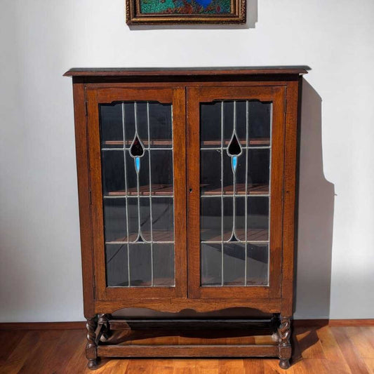 Antique Oak Cabinet with Stained Glass Doors – Leaded Glass Hutch with Shelving & Barley Twist Legs