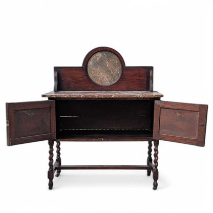 Antique Marble-Top Washstand – Oak with Barley Twist Legs and Round Marble Back, Early 1900s English