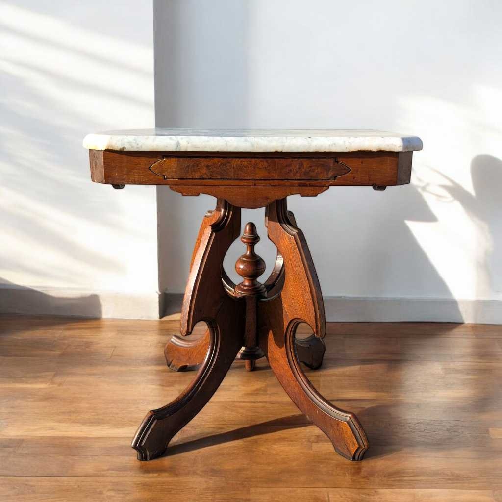 Late-19th-Century Marble-Top Carved Wood Parlor Side Table — view 15 of 16