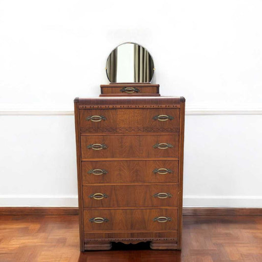 Art Deco Waterfall Chest of Drawers – Vintage 1930s Dresser, Tallboy, Mirror, Solid Wood Storage