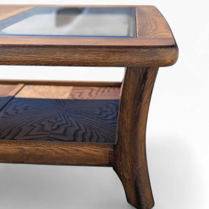 Vintage Oak Coffee Table Smoked Glass Insets