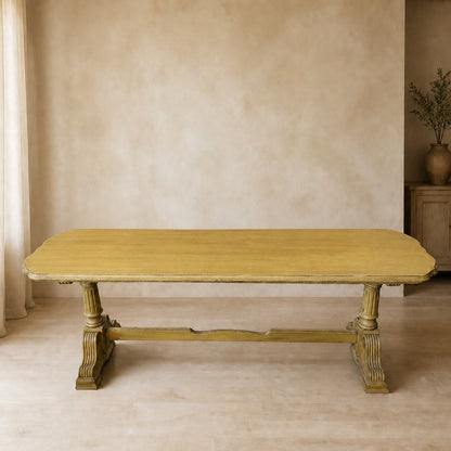 Vintage Butter Yellow Painted Trestle Sofa Table with Scalloped Top