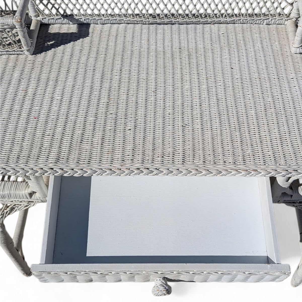 Late 20th-Century White Wicker Writing Desk and Chair Set — view 13 of 16