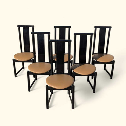 Set of Six BiF Postmodern Black Lacquer Dining Chairs, 1980s