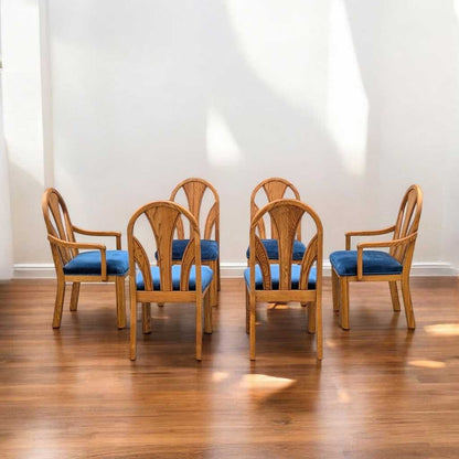 Set of 6 Postmodern Dining Chairs – Oak Frame, Blue Velvet Polka Dot Seats, 1980s