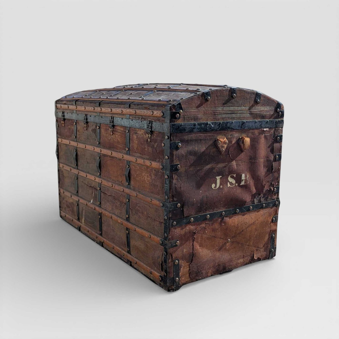 Antique Dome-Top Wooden Trunk with Original Iron Hardware and Patina, Late 19th Century