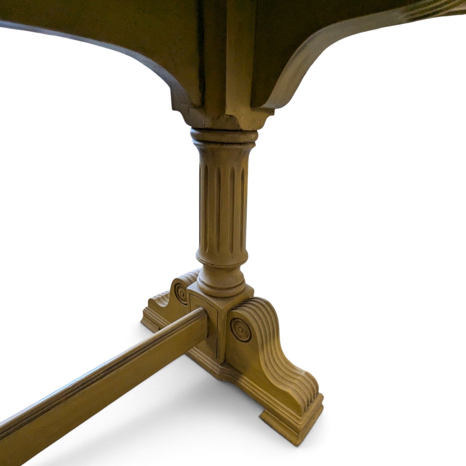Vintage Butter Yellow Painted Trestle Sofa Table with Scalloped Top — view 12 of 16